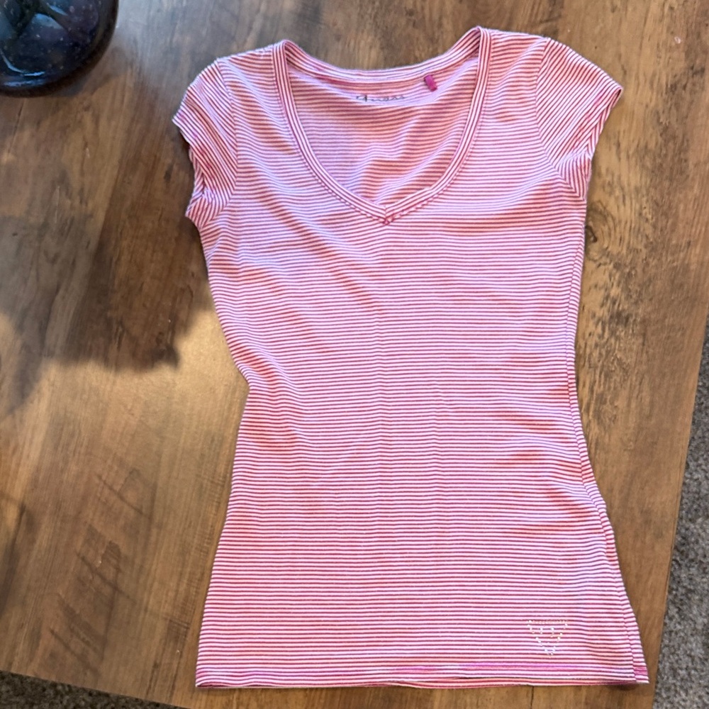 Guess Pink Striped V-Neck Top XS